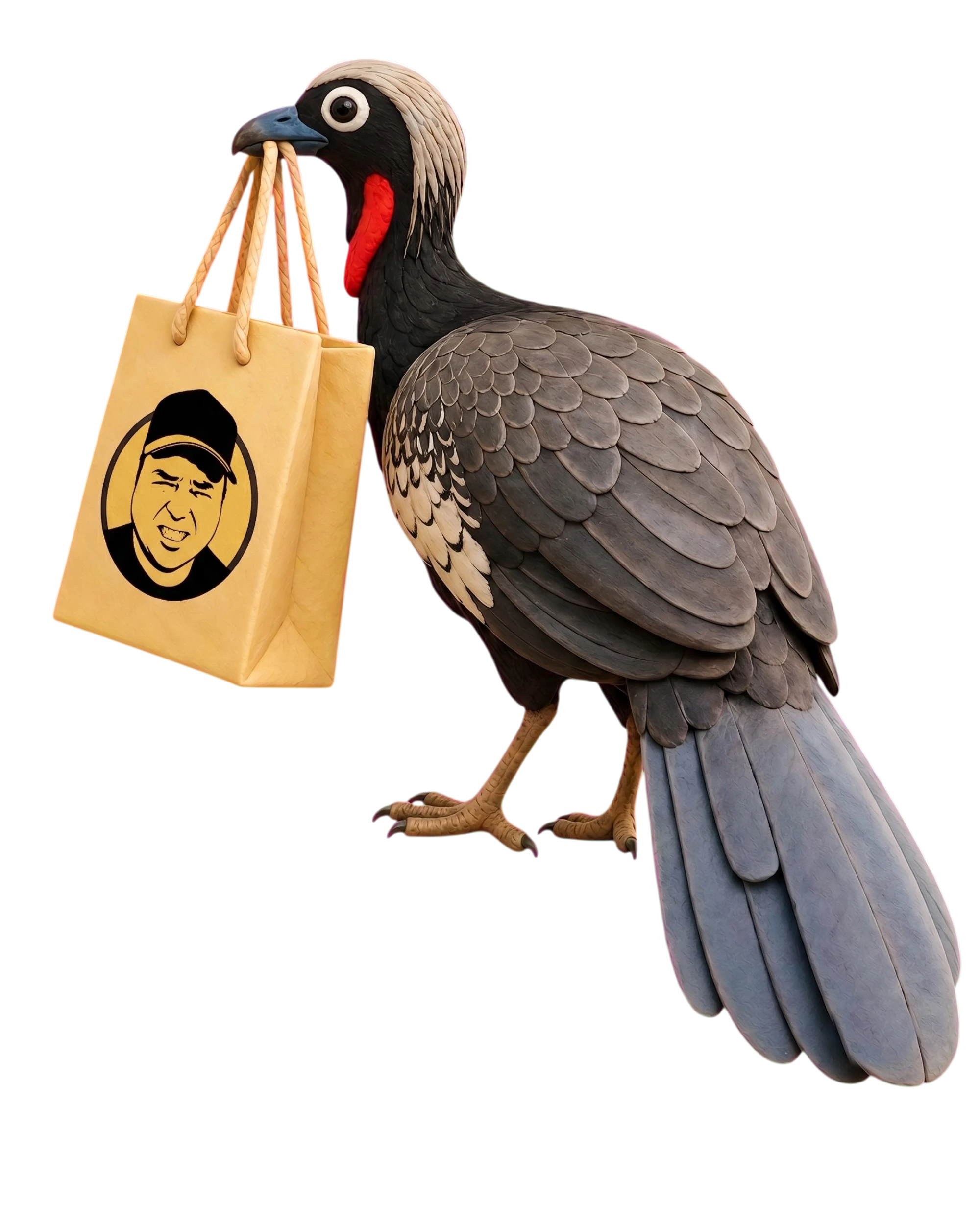 Claymation bird carrying a designer shopping bag with the Ryan Deame face logo